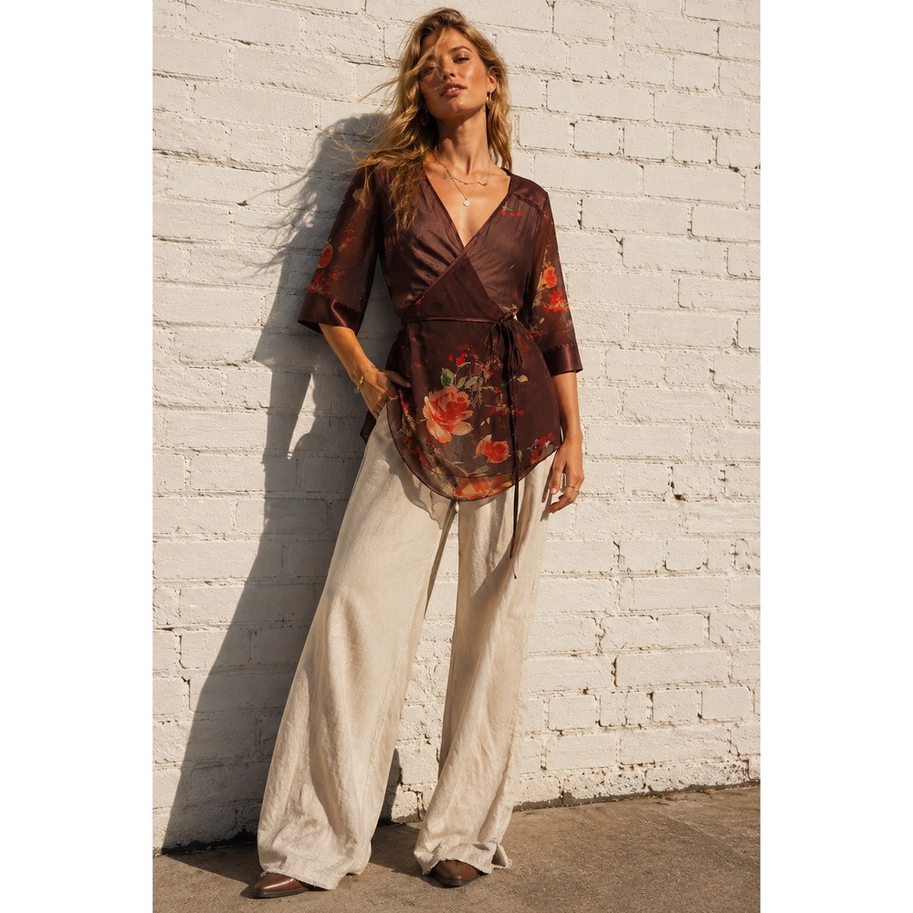 Vintage Seven Star Brown Sheer Floral Mesh Wrap Top Bell Sleeve Y2K Boho Medium